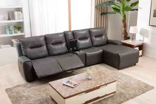 Juego de sofá esquinero de cuero auténtico Cy, juego de sofá reclinable seccional de 7 plazas