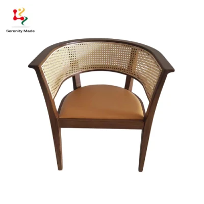 Marco de madera de estilo clásico con asiento de PU y sillón de restaurante con respaldo de ratán