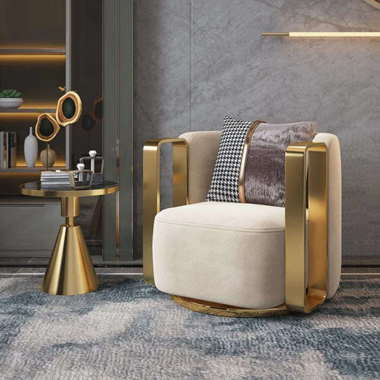 Sillón giratorio de salón moderno, sillón individual con marco de Metal dorado de lujo, muebles de sala de estar